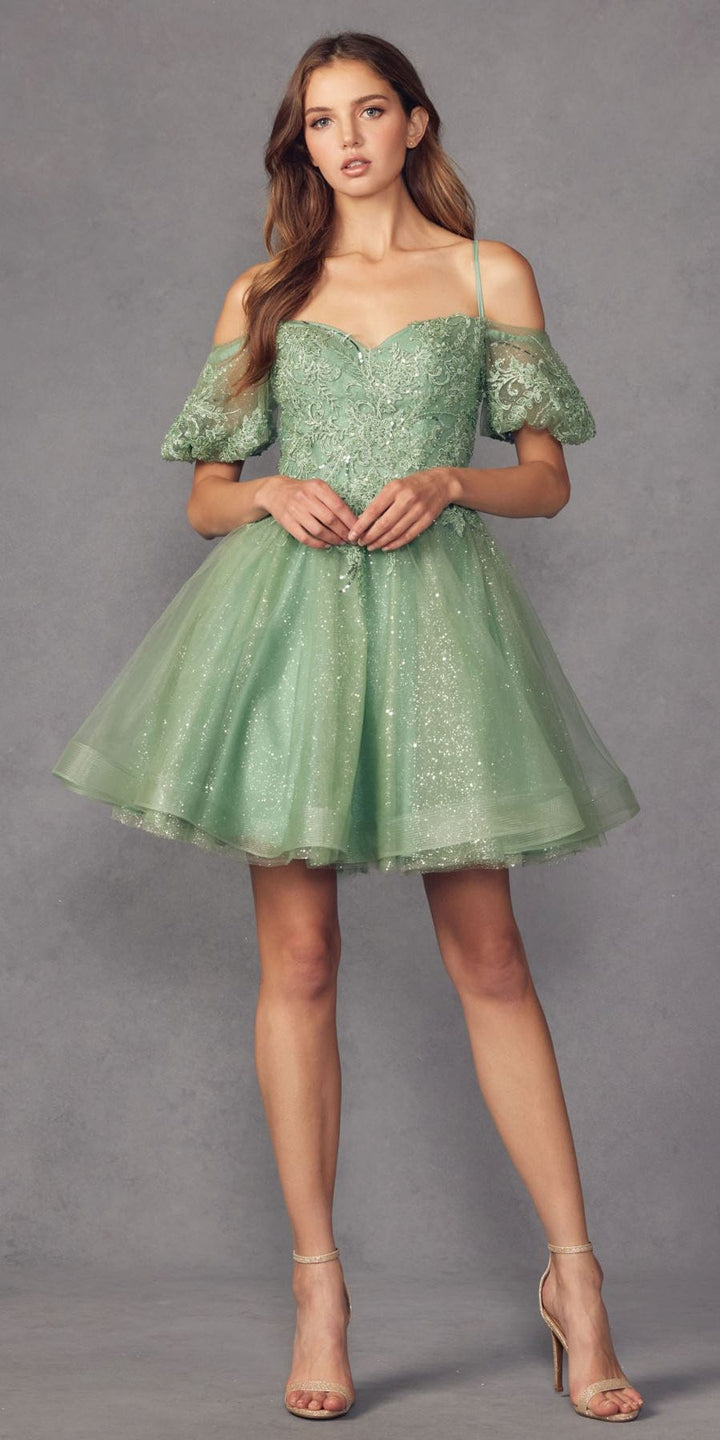 Juliet 886 Short Removable Off Shoulder Puff Sleeves A-Line Tulle Dress