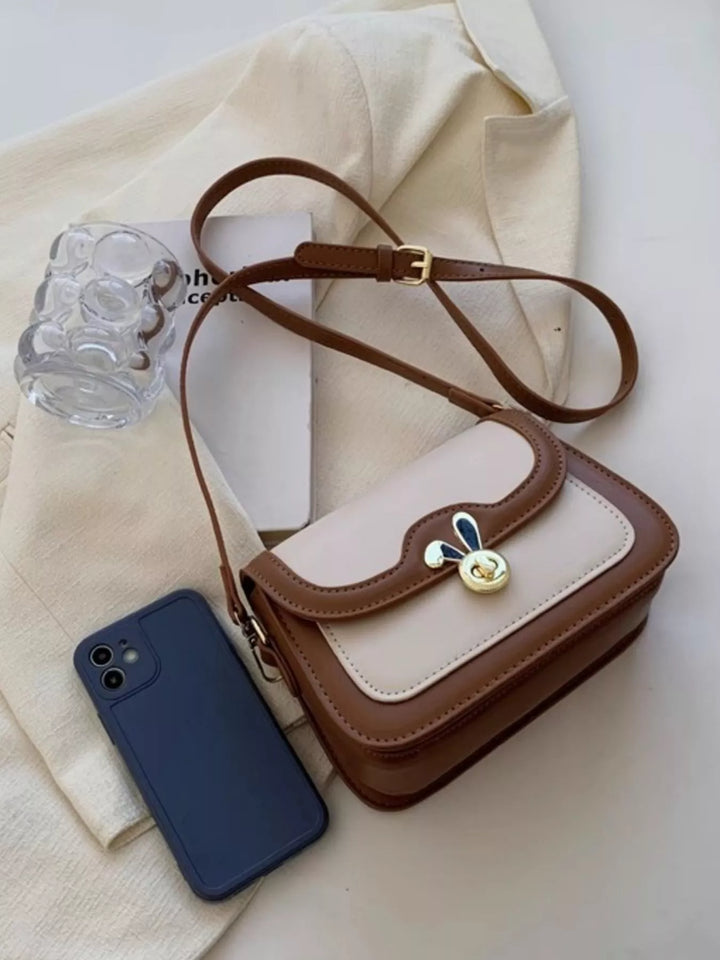 Rabbit Decor Color Block Flap Crossbody Bag