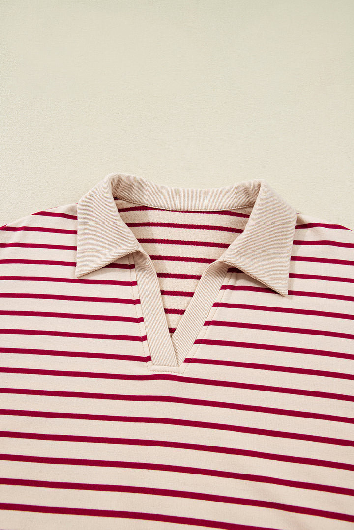 Red Stripe Cropped Collared Drop Shoulder Pullover and Bubble Mini Skirt Set