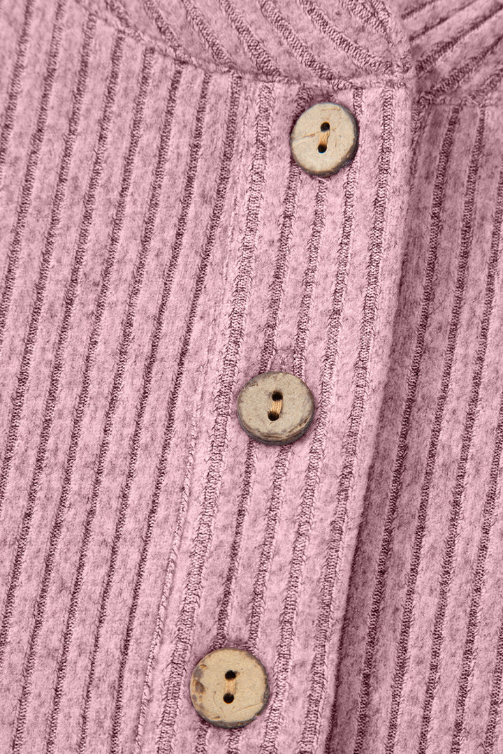 Pink Ribbed Texture Drop Shoulder Henley Knit Top