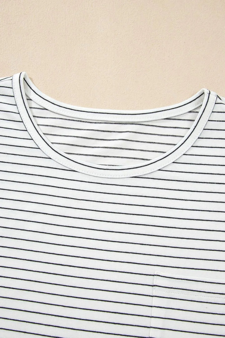 Stripe Cap Sleeve Crew Neck Casual Tee with Chest Pocket