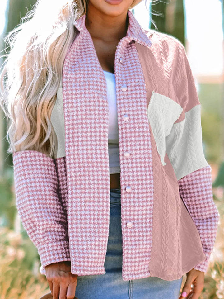 Button Down  Houndstooth Color Block Shacket
