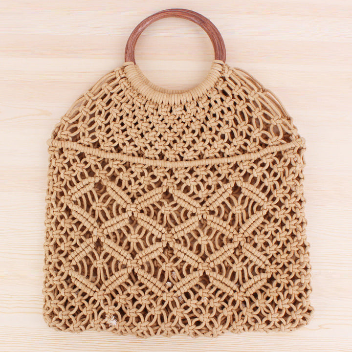 Solid Color Woven Tote Trendy Women Mori Straw Bag Degrees Handmade Cotton String Net Pocket Beach Bag