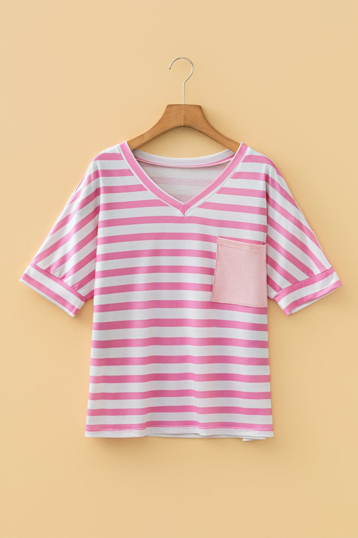 Stripe V Neck Patched Pocket Casual T Shirt