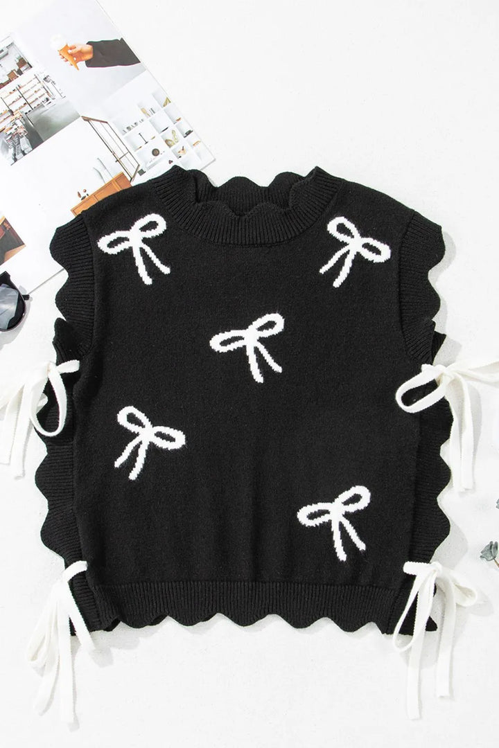 Bow Side Ties Scalloped Hem Cap Sleeve Sweater