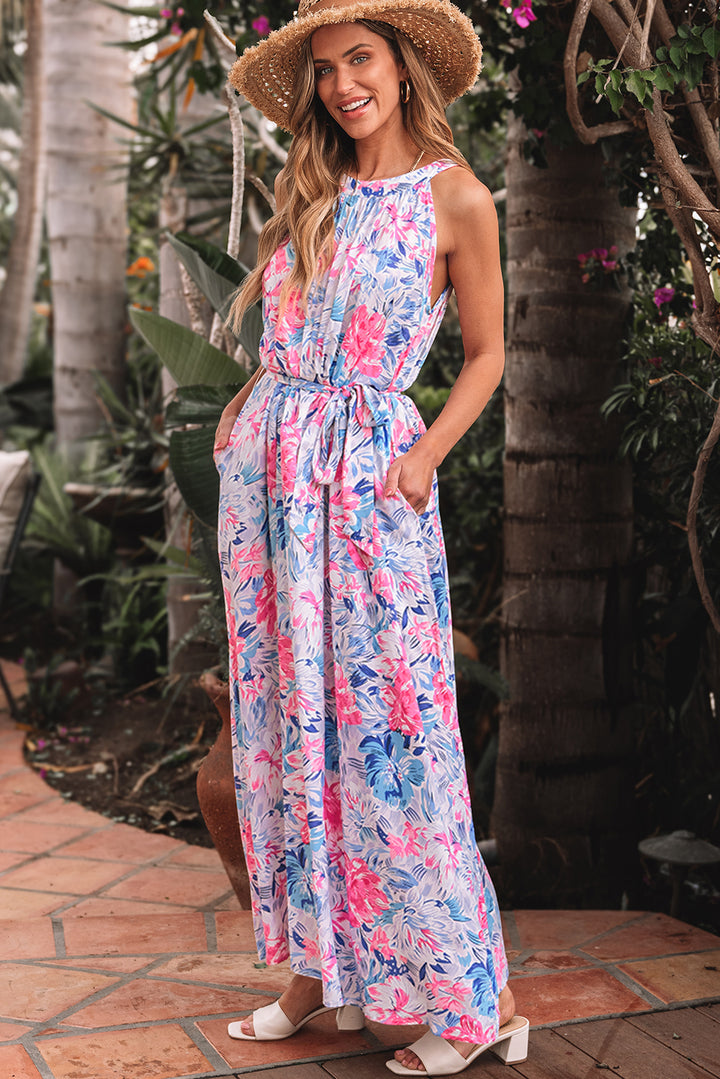 Robe longue bleu ciel à imprimé floral, sans manches, col rond, taille nouée