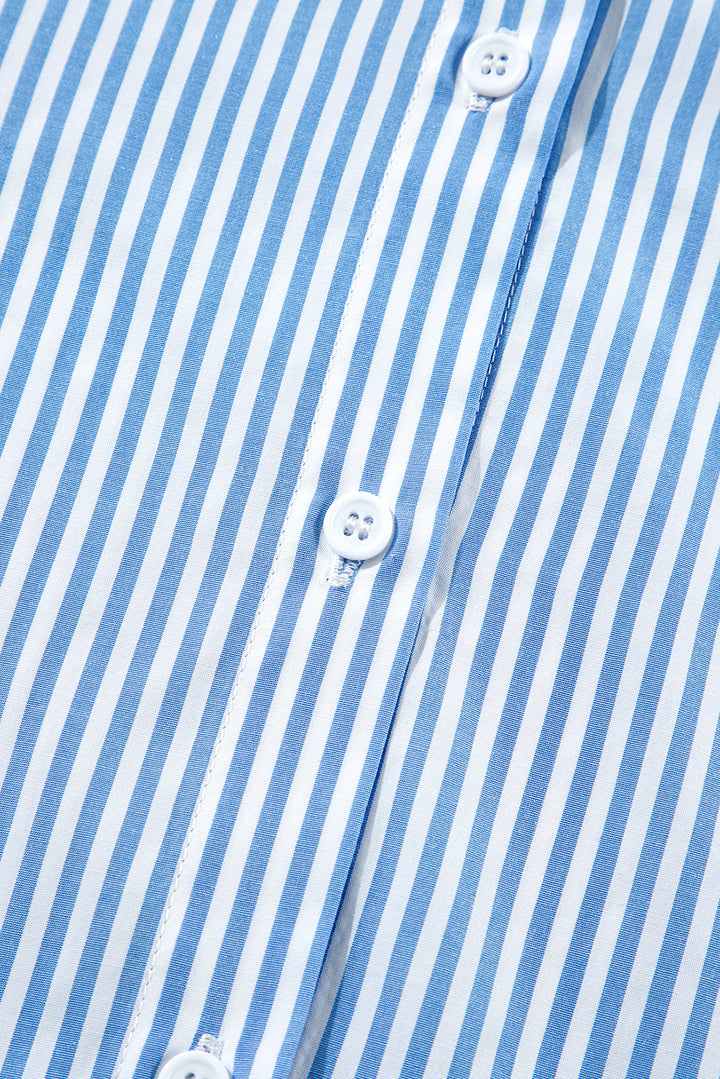Sky Blue Stripe Bubble Short Sleeve Tiered Scallop Long Dress