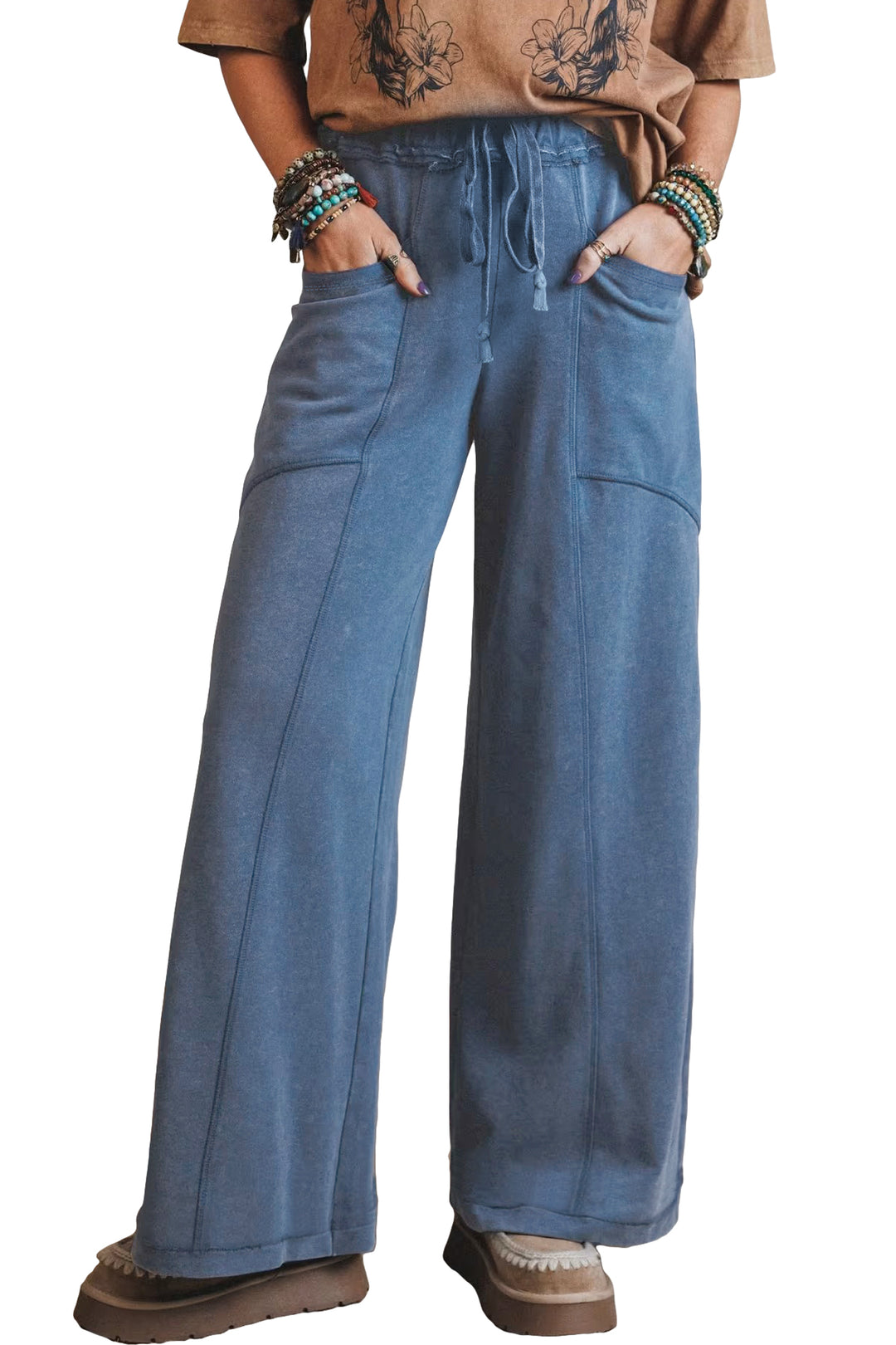 Ashleigh Blue Mineral Wash Drawstring Retro High Waist Wide Leg Western Pants