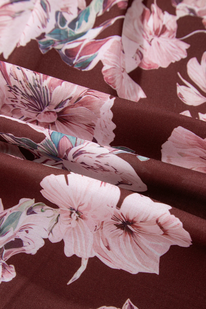 Brown Floral Puff Sleeve Lightweight Shirt