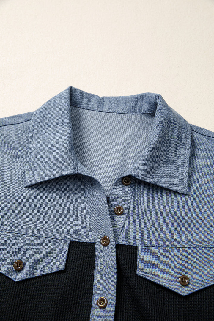 Black Waffle Knit Denim Color Block Patchwork Button Flap Polo Top