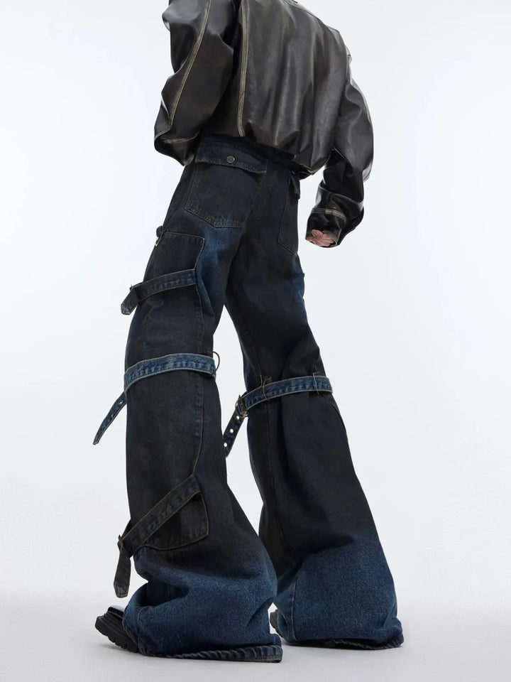 Men's Plus Size Buckle Strap Washed Flare Jeans