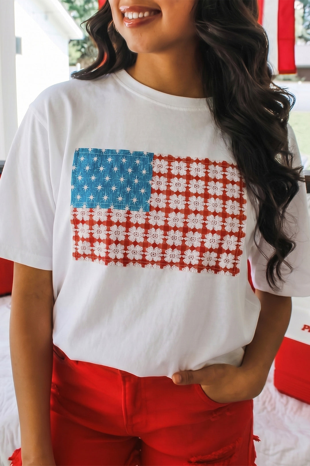 White Fancy Embroidered Patch Flag Casual T Shirt