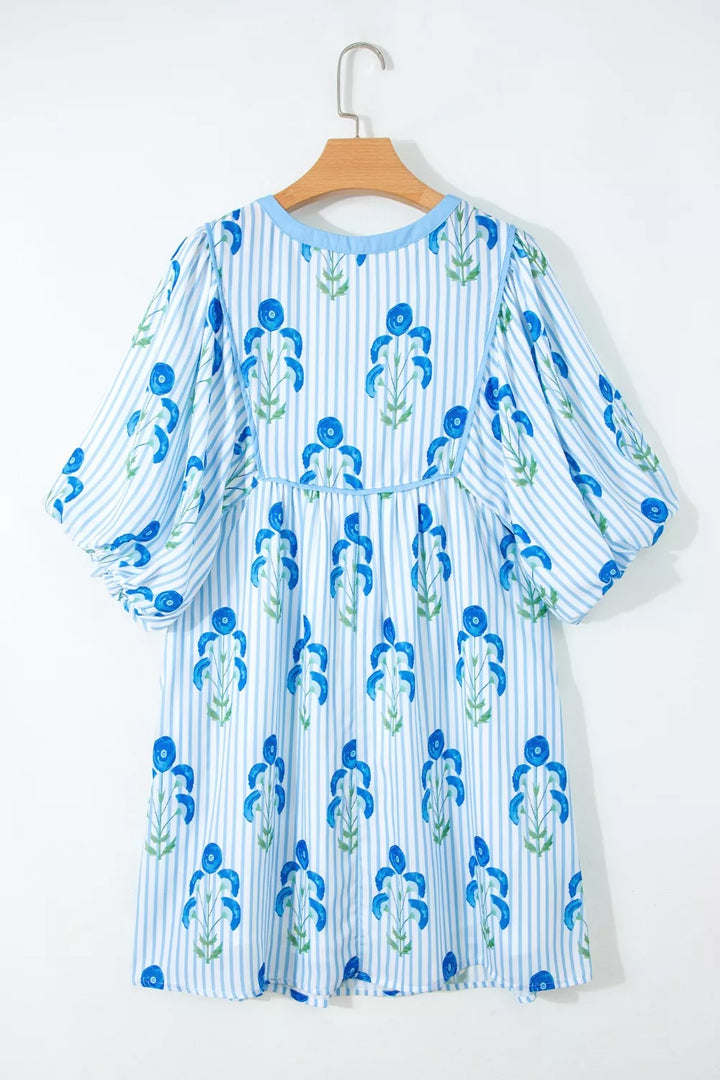 Floral Striped Print Tie Notched Neck Puff Sleeve Flared Mini Dress