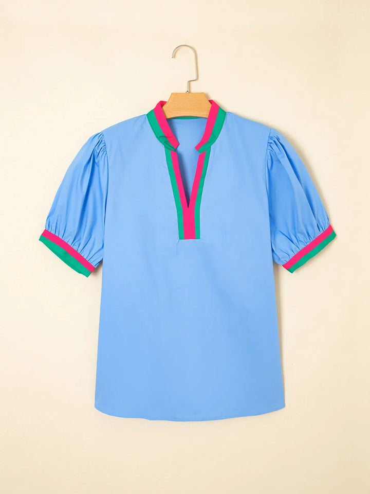 Contrast Trim Notched Short Sleeve Blouse