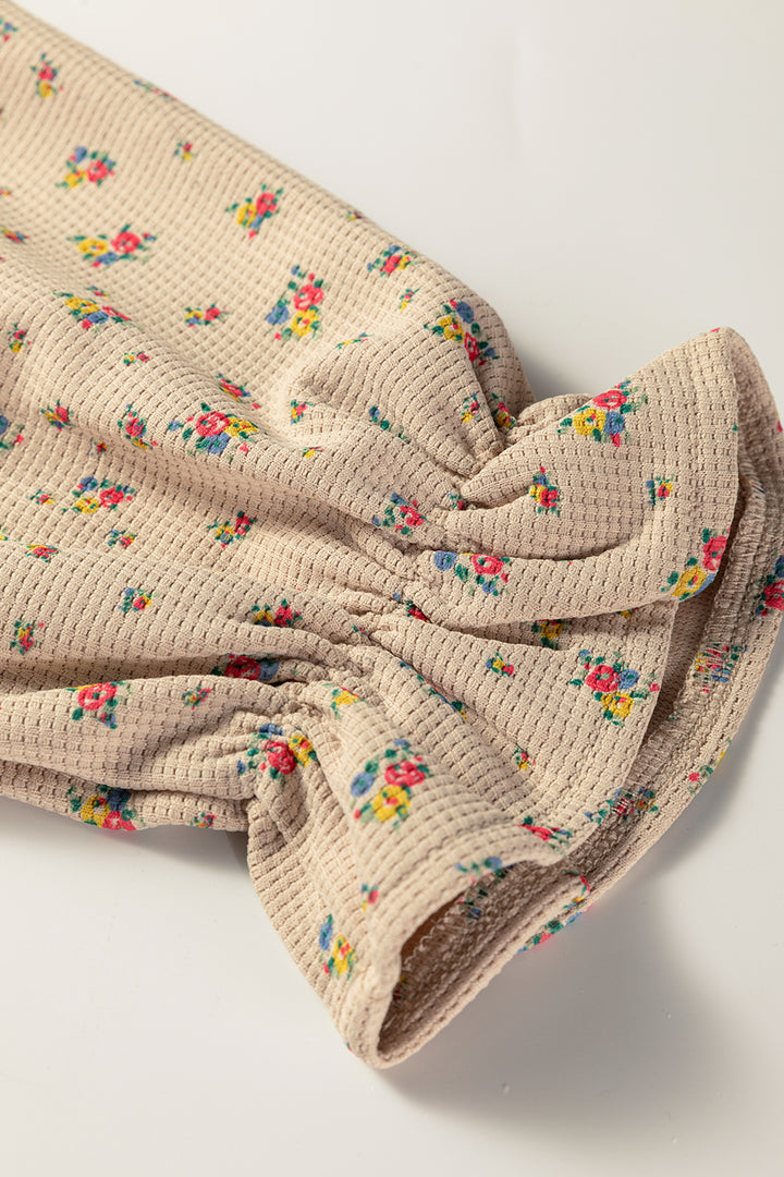 Mist Green Boho Floral Plaid Patchwork Distressed Detail Ruffled Sleeve Waffle Knit Shacket