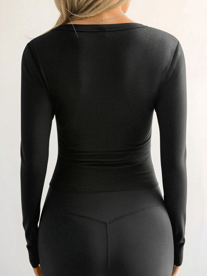 Ribbed V-Neck Long Sleeve T-Shirt