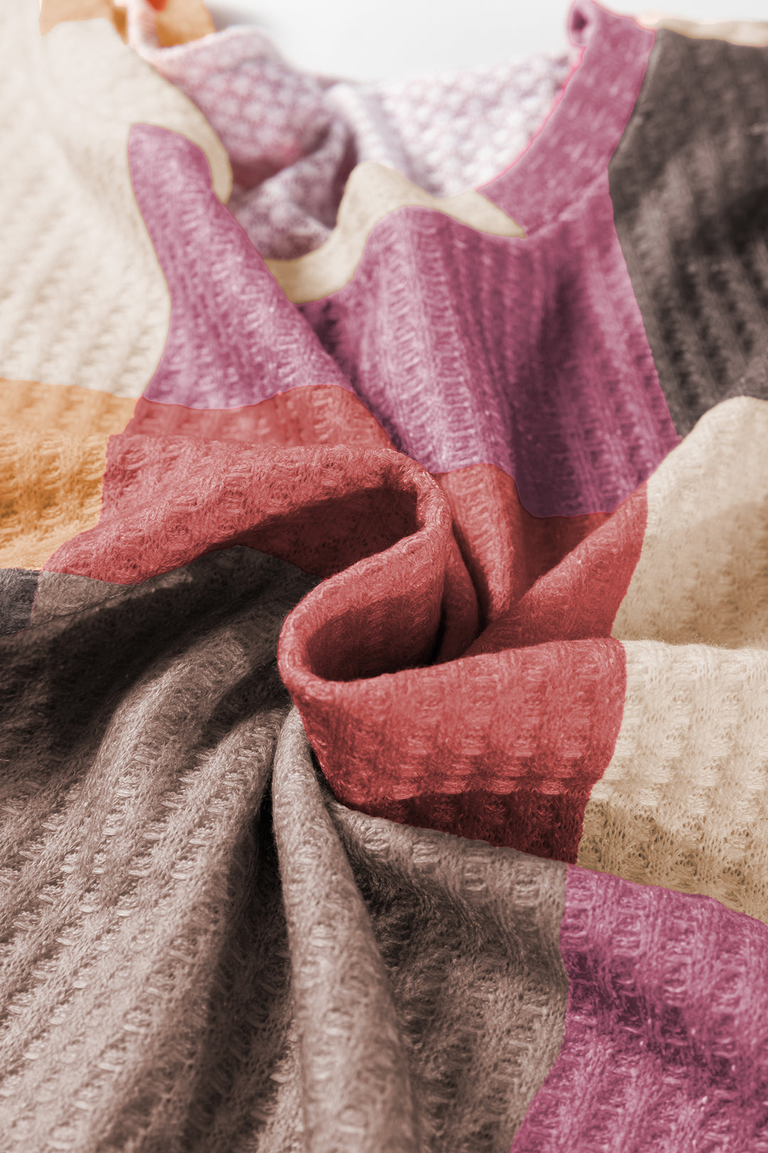 Rose Red Checkered Print Textured Knit Long Sleeve Loose Top