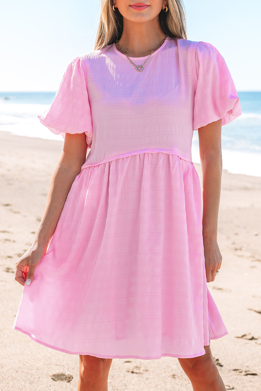 Bonbon Textured Bubble Sleeve High Waist Mini Dress
