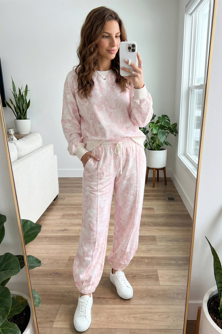 Pink Abstract Print Drop Shoulder Drawstring Waist Drawstring Hem Pant Set