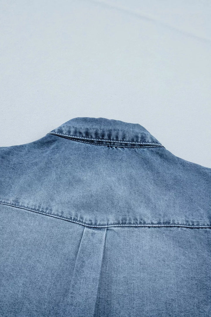Frilled Short Sleeve Snap Button Denim Shirt