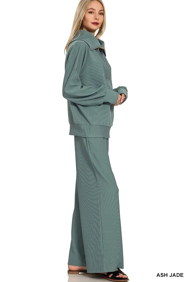 Zenana Ribbed High Neck Half Zip Pullover & Pants Set