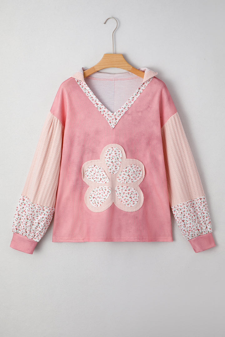 Pink Floral Patched Waffle Textured Colorblock V Neck Casual Hooded Top