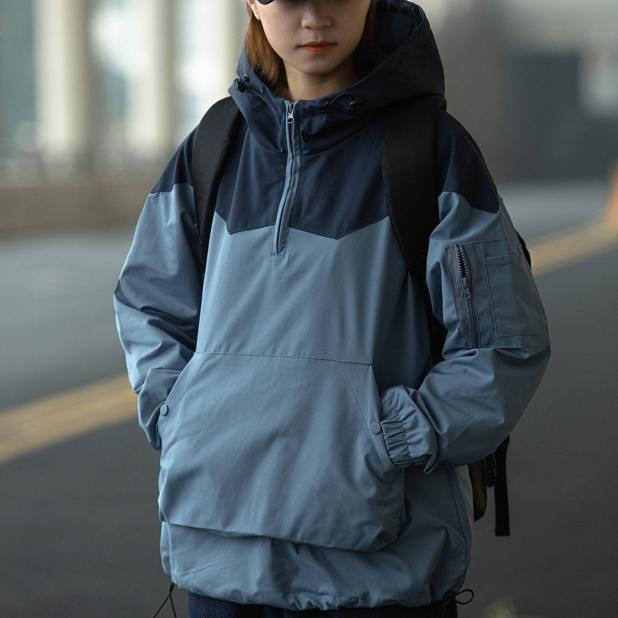 Color Matching Tooling Hooded Pullover Jacket For Men And Women
