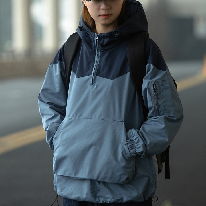 Color Matching Tooling Hooded Pullover Jacket For Men And Women