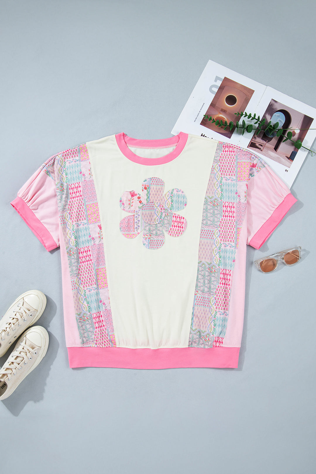 Beige Plus Size Floral Patchwork Short Sleeve Patch Embroidery Cotton T Shirt
