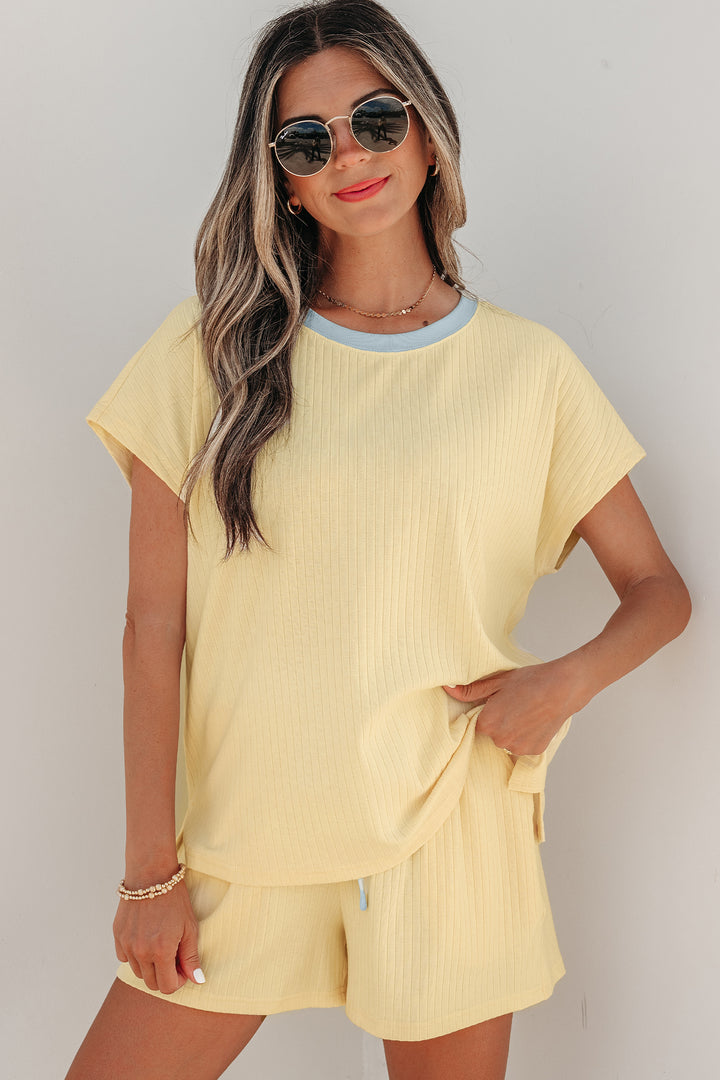 Clearly Aqua Soft Ribbed Color Block Trim Casual Short Set