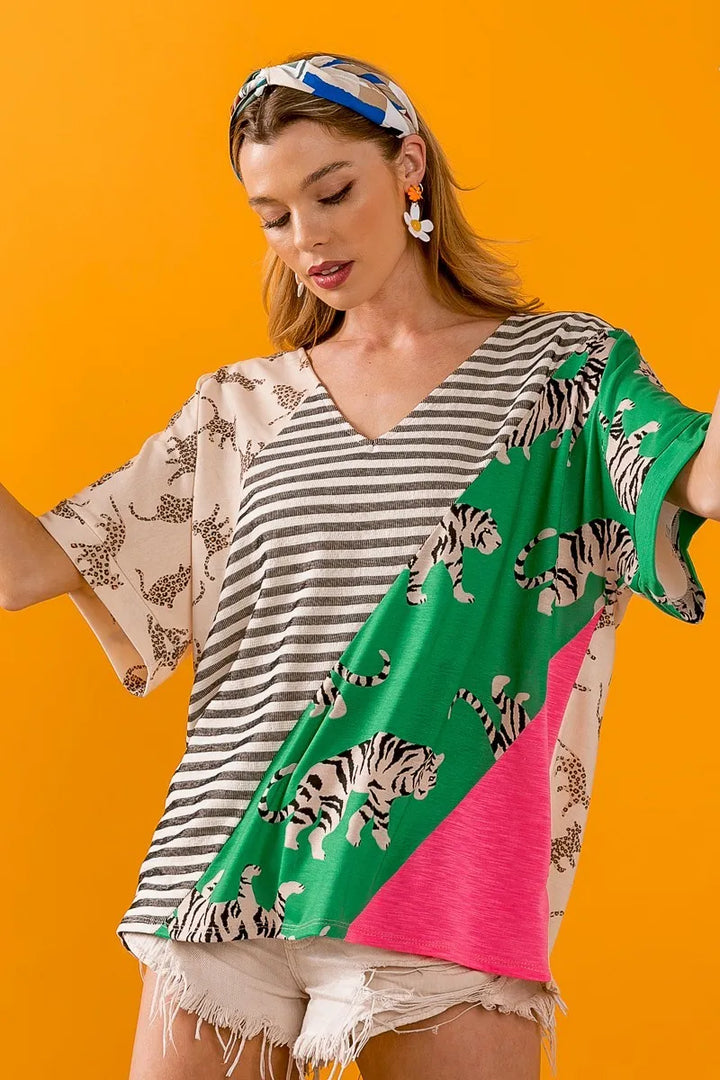 BiBi Tiger W Stripe Contrast Color Block V Neck Top