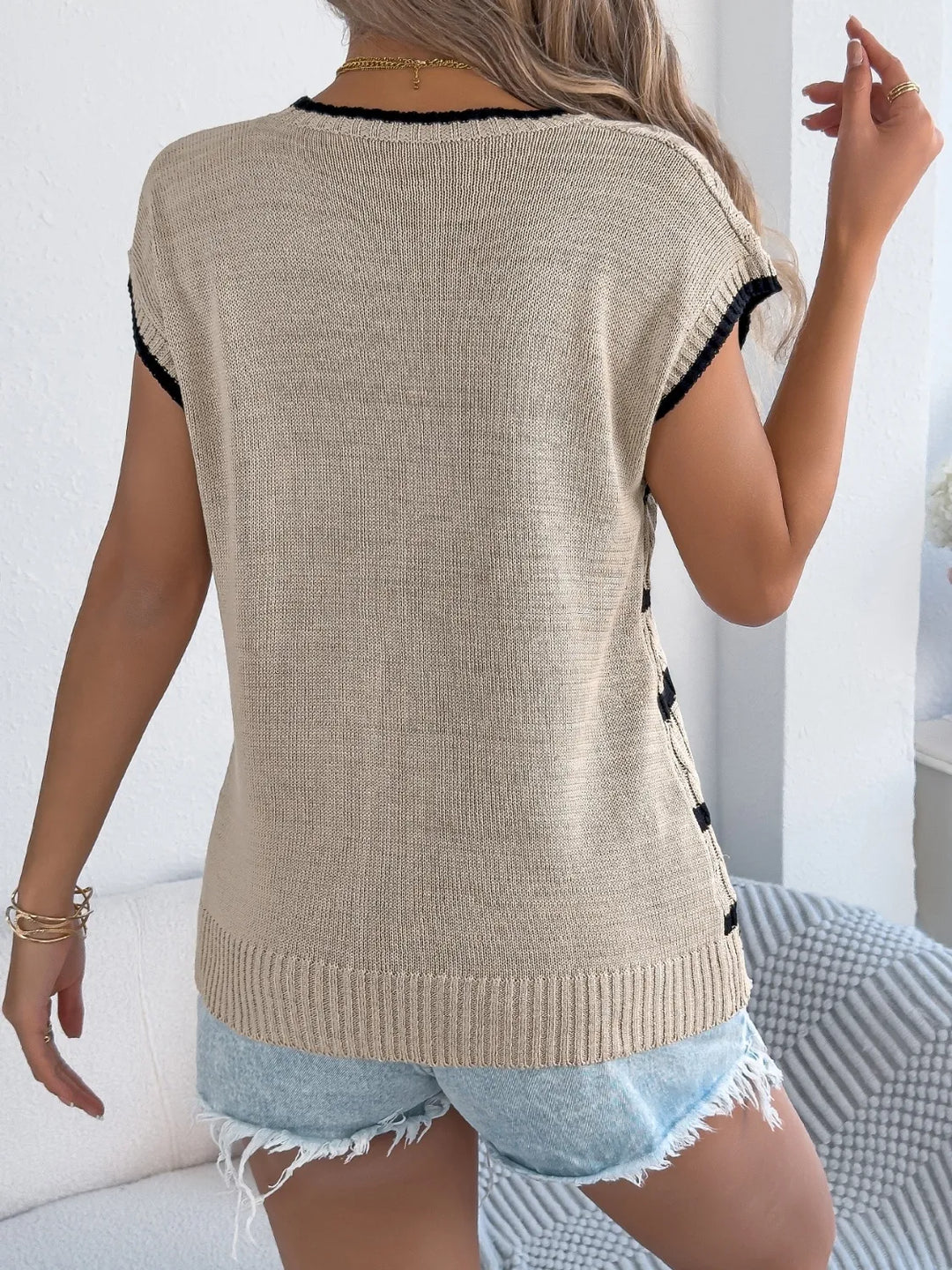 Cable-Knit Striped Round Neck Knit Top