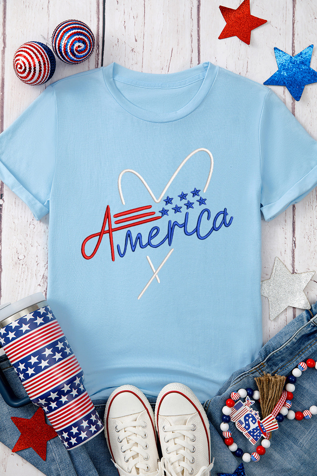 Light Blue Love America Embroidered Graphic Tee