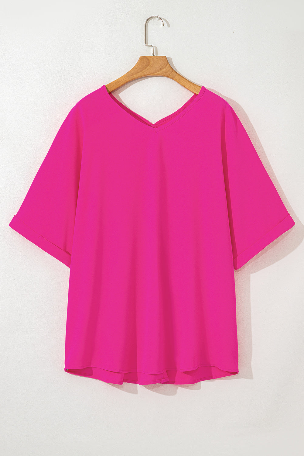 Bright Pink Seamed Back High Low Hem V Neck Cuffed Sleeve Plus Size Tee