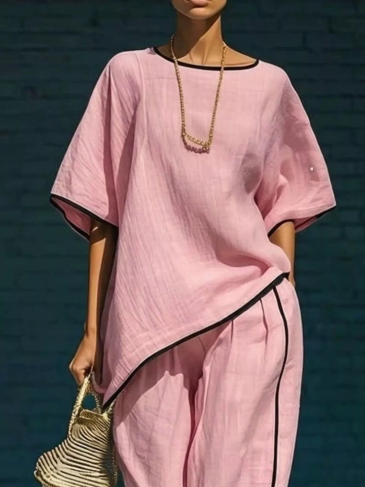 Contrast Trim Round Neck Top and Pants Set