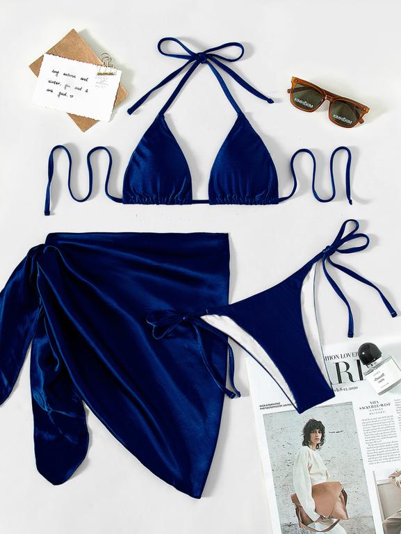 Halter Bikinis Solid Triangle Swimsuit Women High Cut Skirt Swimwear Conjunto Biquinis Feminino Trajes