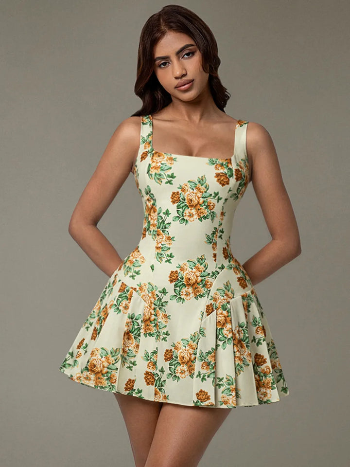 Floral Sleeveless Mini Pleated Dress