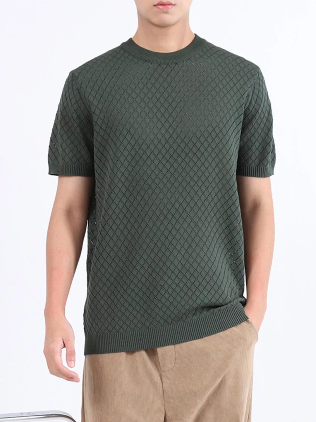 Men's Plus Size Diamond Pattern Knitted Short Sleeve T-Shirt