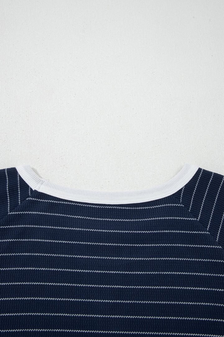 Blue Stripe Contrast Trim Plus Size Ribbed T Shirt