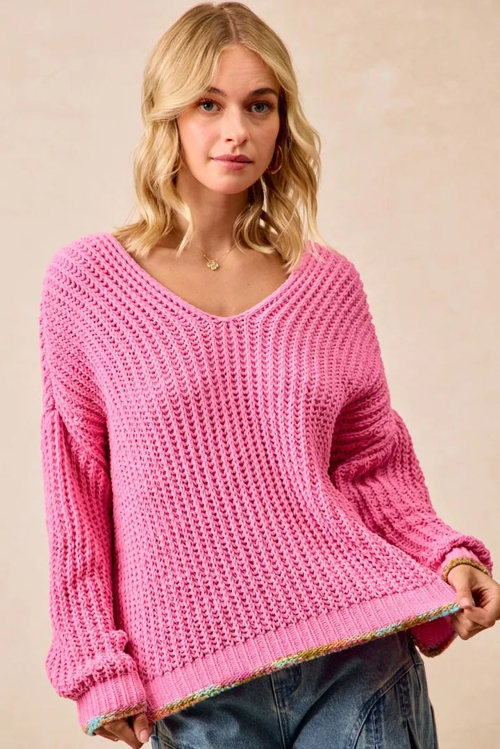 BiBi V-Neck Sweater with Colorful Trim