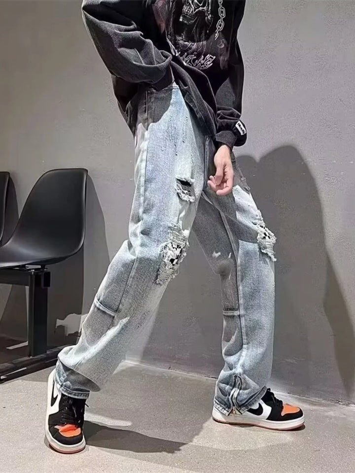 Men's Full Size Ripped Checkerboard Patchwork Jeans Plus Size