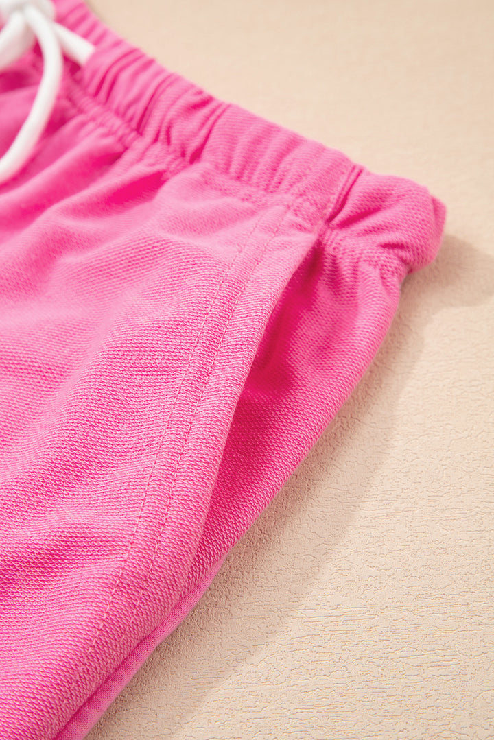 Bonbon V Neck Drop Shoulder Tee and Patchwork Drawstring Shorts Set