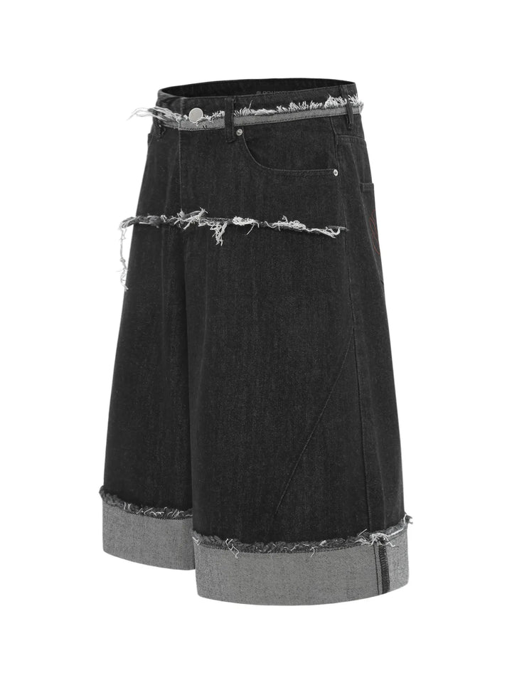Men's Raw Hem Denim Bermuda Shorts with Contrast Cuffs