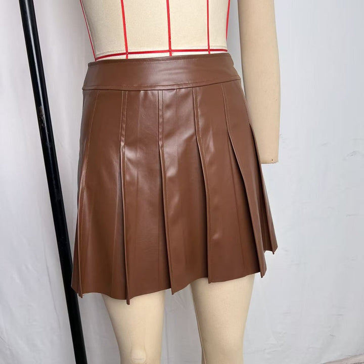 Coffee-colored PU Leather Skirt Short Skirt Spicy Girls Pleated Skirt