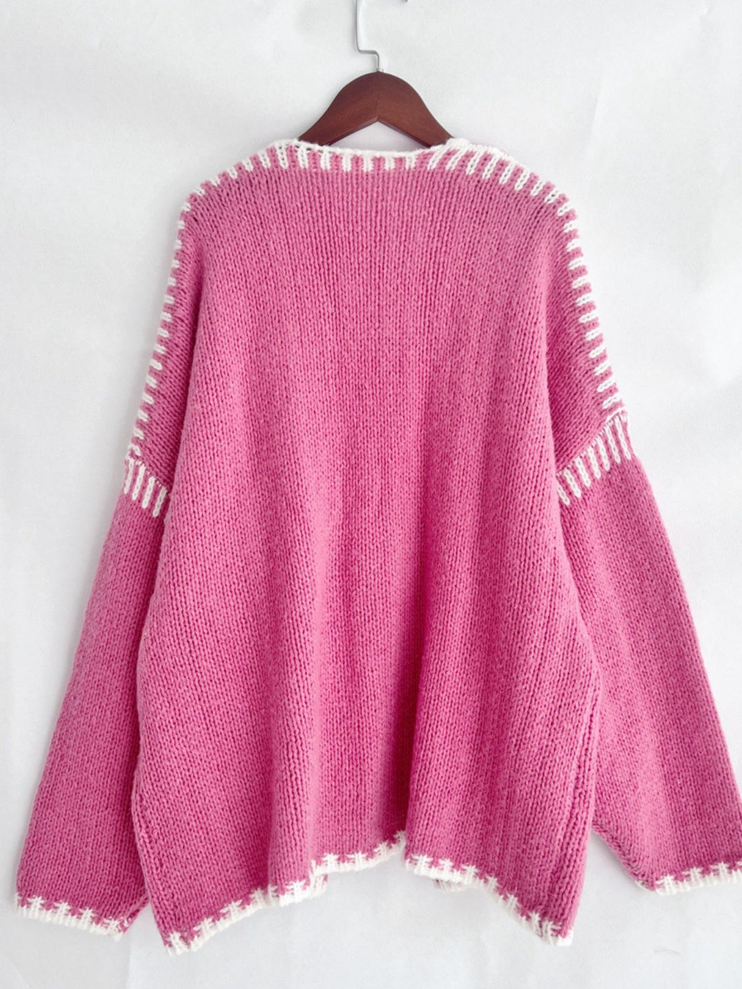 Back To School Sweater - Double Take Contrast Open Front Dropped Shoulder Cardigan
