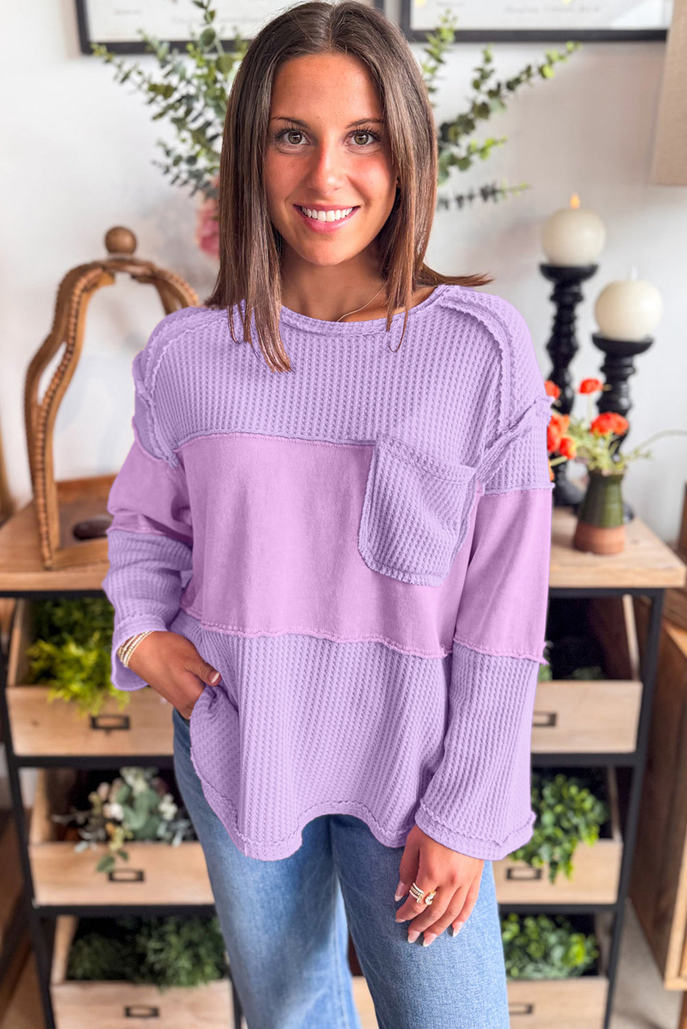 Phalaenopsis Thermal Knit Contrast Textured Patchwork Long Sleeve Top