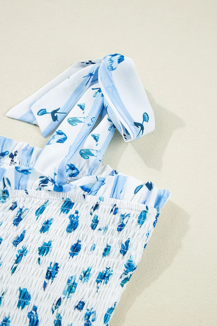 Floral Smocked Tied Straps A-Lined Tiered Dress