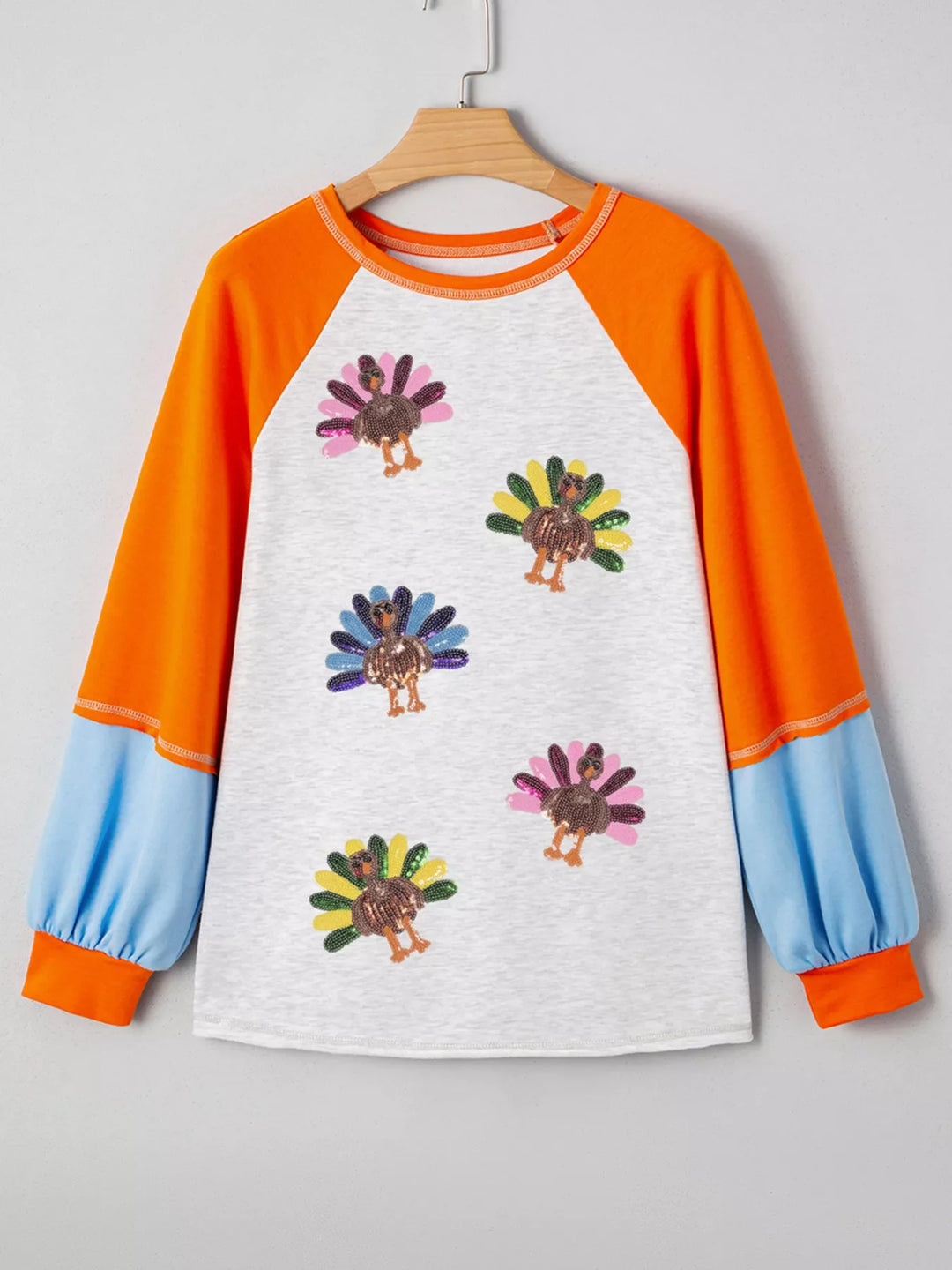 Thanksgiving Turkey Sequin Color Block Raglan Sleeve Top