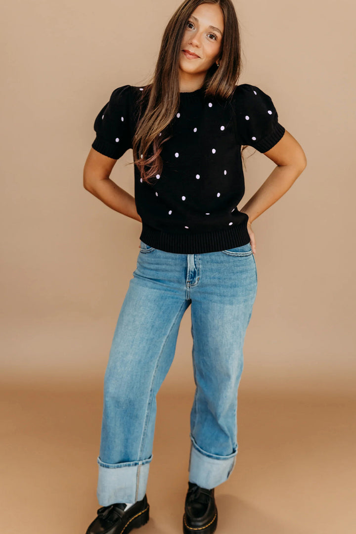 Black Elegant Polka Dot Bubble Short Sleeve Sweater