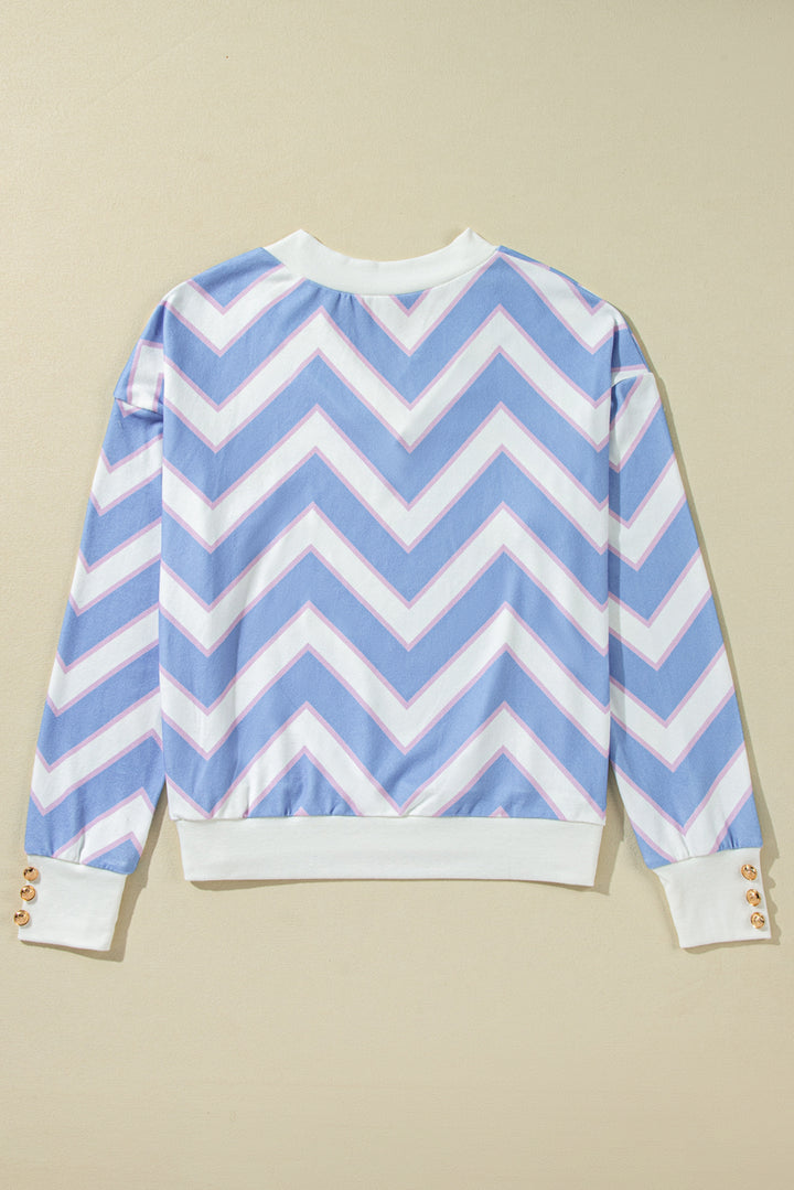 Haut oversize à col en V et imprimé rayures zigzag bleu ciel